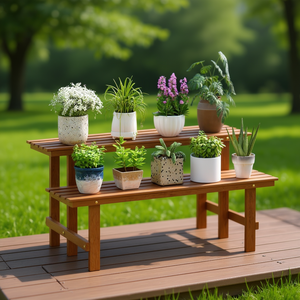 Estante de Madera de Doble Capa para Plantas, Estilo Escalera, Soporte para Macetas de Jardín, Adorno para Terraza Exterior - Product Image 2