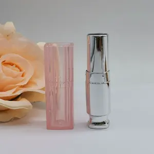 Lipstik tarik merah muda transparan 3.5g, wadah lipstik perak galvanis interior, tabung lipstik label pribadi