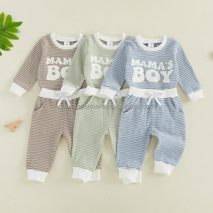 Conjunto de Ropa Casual de Algodón con Letras Bordadas de MAMAS BOY a Rayas para Bebés, Pantalones de Cuello Redondo, Ropa para Niños y Niñas Pequeños - Product Image 2