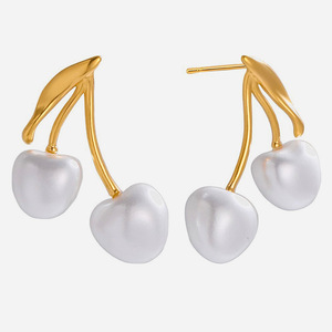 Pearl Cherry Drop <b>Earrings</b> <b>Gold</b> Tone Imitation Pearl Fruit Shape Fashion <b>Dangle</b> <b>Earrings</b> - Product Image 1