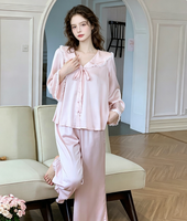 Pakaian Tidur Gaya Prancis Bahan Satin Poliester Tipis Model Kerajaan Manis Lucu Lengan Panjang Nyaman Dipakai untuk Tidur
