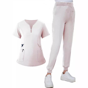 Women Hospital Uniform Scrub Set V Neck Short Sleeve Knitted Moisture Wicking Split Pants For Dental Nurse Workwear - Product Image 2