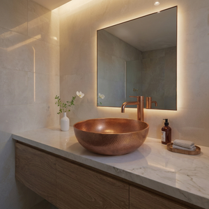 Handmade <b>Round</b> Copper Countertop Sink Hammered Vessel <b>Basin</b> for Contemporary Bathroom Vanity and Interior Design - Product Image 1