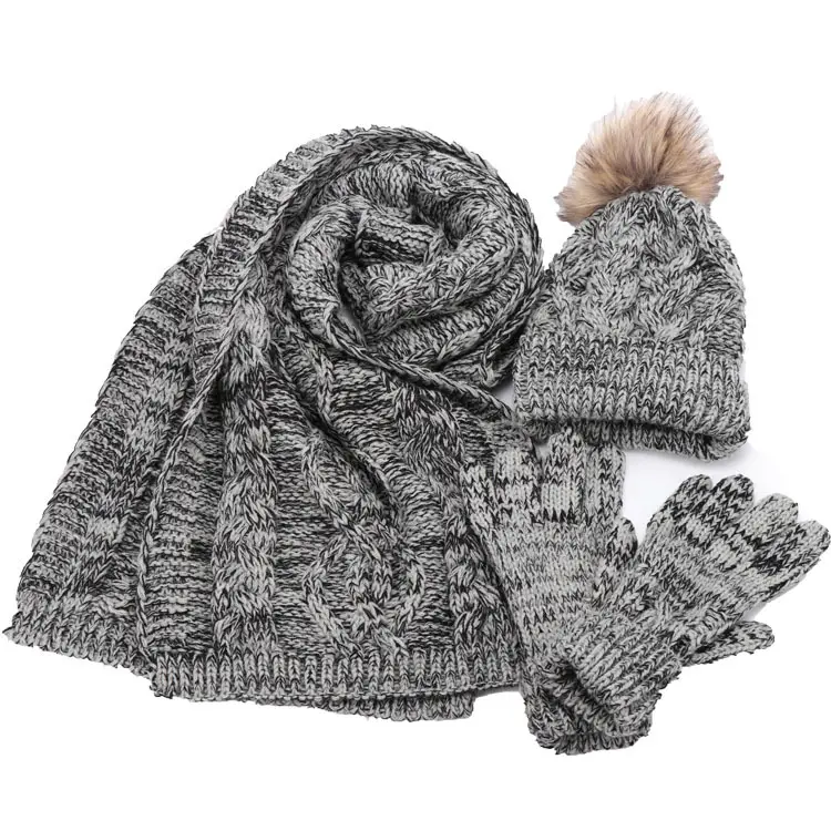 مخصص أزياء الشتاء سميكة وشاح جاكار قبعة قفاز 3-قطعة مجموعة