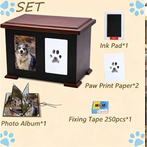 Wooden Pet Urn With Ink Pad Paw Print Paper <b>Photo</b> Album For Dog Funeral <b>Storage</b> <b>Box</b> Durable Rectangle Shape - Product Image 1