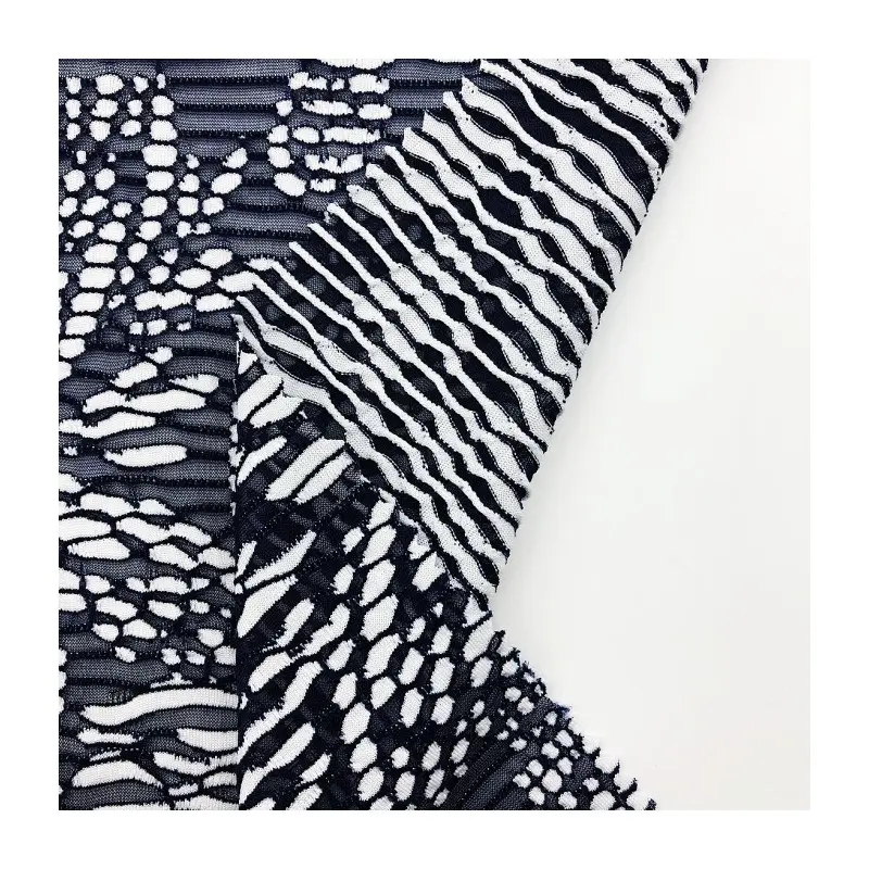 세련된 네이비와 화이트 리프 패턴 니트 경량 폴리 에스테르 스트레치 자카드 메쉬 원단 드레스