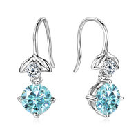 Siap Kirim Perhiasan Fashion Lucu 6.5mm Moissanite Biru & 3mm Moissanite Putih Perak 925 Anting Gantung Model Daun untuk Wanita