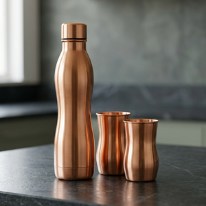 Bouteille d'eau isotherme moderne en cuivre à double paroi, anti-fuite, avec deux verres, ensemble cadeau écologique - Product Image 1