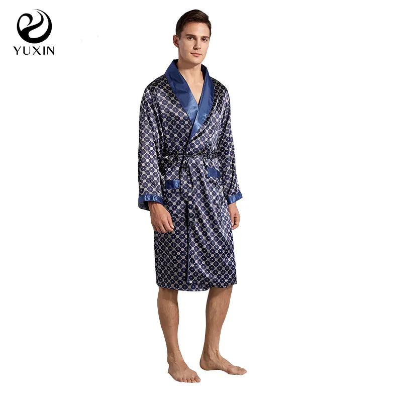पुरुषों की रेशम वस्त्र रात गाउन पुरूष के लिए मुद्रण बागे गर्मियों पतली रेशम लंबे बाजू पजामा प्लस आकार बाथरोब