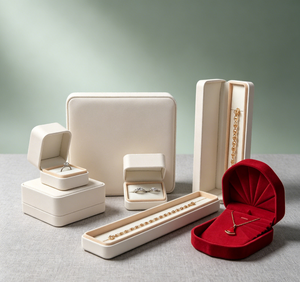 Ensemble complet de boîtes à bijoux en similicuir beige haut de gamme faites à la main avec fermeture magnétique, boîte à bagues carrée incluse - Product Image 4