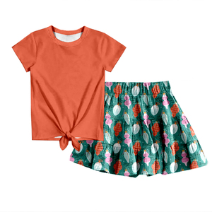 Conjunto de falda y camiseta de manga corta con nudo y estampado floral para niñas, ropa informal infantil. - Product Image 4