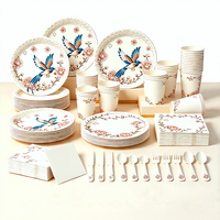 Kit de Vaisselle Jetable de Luxe à Motifs Floraux et d'Oiseaux, Assiettes, Gobelets, Serviettes et Couverts en Papier Écologique 100% Pâte de Bois Vierge