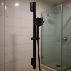 Ensemble de douche en acier inoxydable noir avec barre coulissante allongée, matériel de salle de bain mural au design minimaliste - Product Image 2
