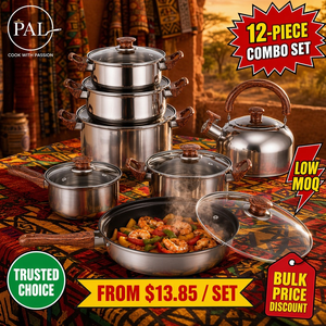 Juego de Utensilios de Cocina Premium Clásico de 12 Piezas de Acero Inoxidable, Olla con Acabado Espejo, Asas con Diseño de Madera, Sartén Antiadherente de Cerámica, Tapas de Vidrio - Product Image 2