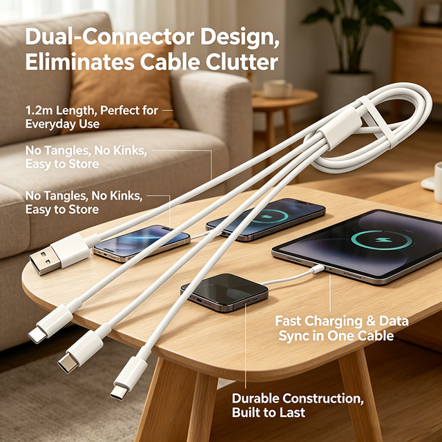 2.4A 3-in-1 USB Fast Charging Cable TPE 1.2m for iPhone 15 16 Type-C Devices PD Compatible Home Office Travel Use