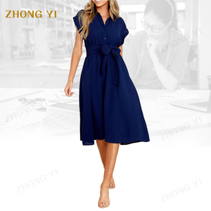 Estate donna manica corta tinta unita abito lungo tunica negozio splendido <span class=keywords><strong>smeraldo</strong></span> manica corta abito Midi - Product Image 3