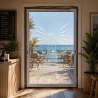 Porte coulissante en verre à double battant éclairée par LED, porte d'entrée automatique à double ouverture avec bande LED