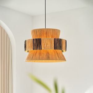Lustre rond en raphia tissé, luminaire suspendu LED E27 pour la décoration du salon et de la chambre - Product Image 2