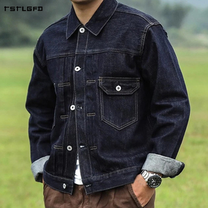 เสื้อแจ็คเก็ตเดนิมสีดำสำหรับผู้ชาย รุ่น Selvedge Raw Denim พร้อมกระเป๋าหน้าอกเดี่ยว ปลายแขนแบบพับได้ ปรับเอวได้ ทรงเข้ารูป สไตล์วินเทจ - Product Image 1