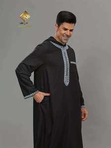Al Haramain Men's Hooded Thobe Long Sleeve Floor Length Cotton Prayer Robe Solid Black Modest Middle East Style - Product Image 4