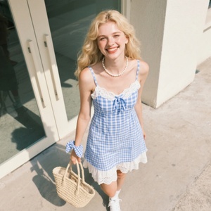 Robe à bretelles bleue à carreaux pour femme - Col en dentelle à nœud et jupe à œillets à volants - Product Image 4