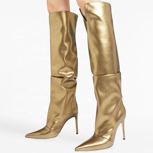 Gold Pleated Upper on Shoes High Thin Heels Pointed Toe Slouchy Long <b>Boots</b> Women's Knee High Booties - Product Image 1
