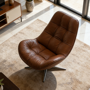 Sillón Giratorio Moderno de Cuero Marrón Estilo Italiano, Sillón de Diseño Ergonómico con Botones para Sala de Estar - Product Image 1