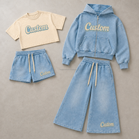 Ensemble deux pièces personnalisé pour femme, effet délavé, comprenant un sweat à capuche court zippé et un pantalon de survêtement large, bleu, vente en gros de sweats à capuche et de survêtements