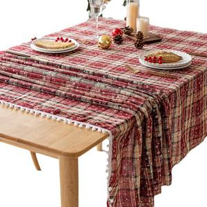 Christmas Embroidered <b>Tablecloth</b> Rectangle <b>Red</b> Snowflake Pattern Pom-pom Edges Polyester Home Use Waterproof Oil-resistant - Product Image 4
