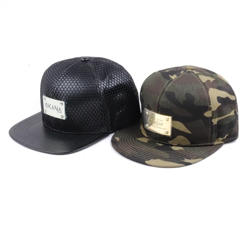 Gorras de estilo hip hop con visera plana, gorra con Cierre trasero personalizado, con placa de metal, venta al por mayor