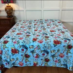 Indian Hand Block Print Cotton Kantha <b>Quilt</b>, Handmade <b>Patchwork</b> <b>Bedspread</b>, Twin 60x90 & King 90x108 - Product Image 1