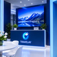 Stand d'exposition modulaire hybride 20x30 avec enseigne LED suspendue, arche lumineuse et murs vidéo pour la showroom TravelTech 2027