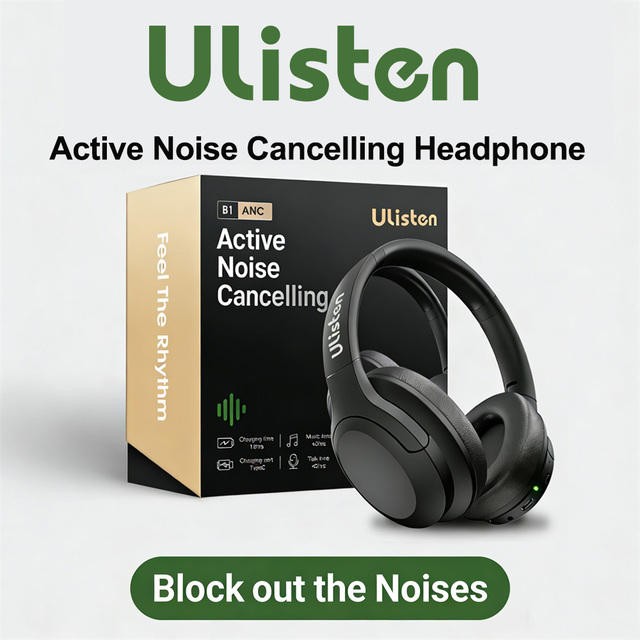 Ulisten B1 ANC Active Noise Cancelling Over-Ear Headphones JL Chipset LED Battery Indicator Wireless Big Comfortable Earmuffs