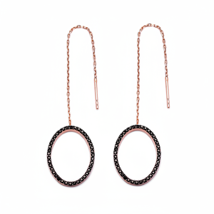 Hollow Design Round Cut Shiny Black Zircon Stone Thread <b>Earrings</b> Turkish Handmade 925 Sterling Silver Jewelry - Product Image 2