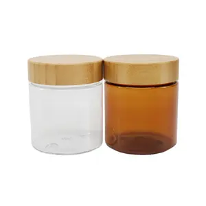 50G 150G 250G Gezichtscrème Huidverzorging Plastic Doorzichtige Amberkleurige Cosmetische Pot Met Houten Deksel