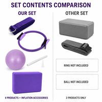 Lot de 4 accessoires d'entraînement Pilates avec logo personnalisé : Anneau magique, ballon souple en PVC de 25 cm, brique de yoga en EVA, sangle de yoga à boucle en D – Vente en gros