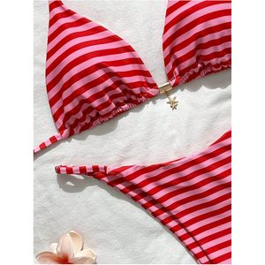 FOXA Women's 2 Piece Striped <b>Bikini</b> Set Halter Triangle Swimsuit <b>String</b> Bathing Suit Beach Vacation Clothes - Product Image 2
