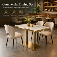 Ensemble de salle à manger de luxe en pierre frittée pour hôtel et restaurant - Base en métal doré, chaises ergonomiques, qualité commerciale