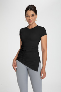 SUHE TS-012 Athena Lanjing - Top de Yoga Modal de Manga Corta con Cuello Redondo, Corte Asimétrico y Ajustado, Color Azul Polvo, Ropa Deportiva para Mujer - Product Image 6