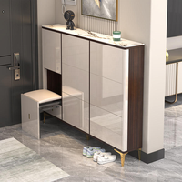 Meuble à chaussures moderne pour entrée avec banc rembourré, tiroir rabattable, plateau en marbre, porte brillante, étagère à chaussures étroite pour l'entrée de la maison