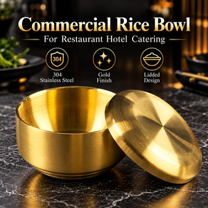 Bol à riz en acier inoxydable 304 doré avec couvercle 420 ml, bol de service en métal brossé pour restaurant coréen, hôtel et restauration - Product Image 3
