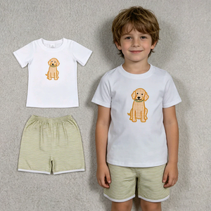 Baby Boys Summer Clothes Cotton <b>White</b> <b>Tee</b> and Striped Short Set Toddler Boy Puppy Applique Outfit - Product Image 1