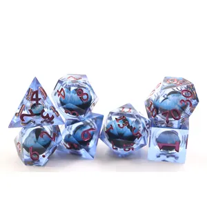 Yushun 2023 Resin Dice 7pcs Dnd Game Blue Colorful Moving Eye Board Game Dice Set With Red Number