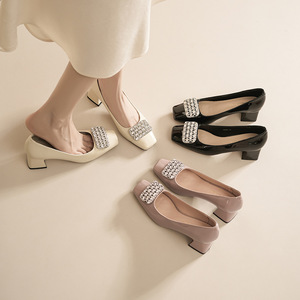 5688B-176 Fashion Rhinestone Pumps Square Toe <b>Block</b> Heel Mary Jane Shoes Medium Heel Solid Color Women's Pumps - Product Image 1