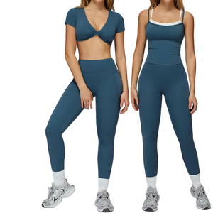 Nouvel ensemble de yoga ajusté à séchage rapide, <span class=keywords><strong>soutien</strong></span>-<span class=keywords><strong>gorge</strong></span> de sport à manches courtes, débardeur et leggings, ensemble de course et de sport pour femmes - Product Image 2