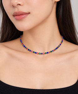 Collar choker chapado en oro con piedras redondas de circonia cúbica en rojo, azul y verde para mujer, estilo clásico para fiestas, cadena con cuentas. - Product Image 5