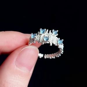 S925 Sterling Silver Irregular Pleated Sea Blue Diamond <b>Ring</b> Personalized <b>Open</b> Design Versatile Layered Inlay Cut - Product Image 1