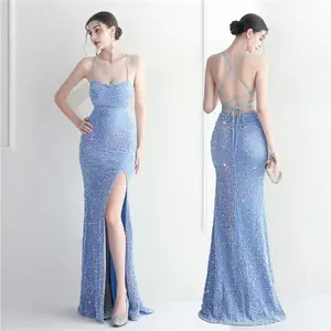 19886# Foreign trade source plush bottom beaded European and American halter strap nightclub dress long fishtail evening gown