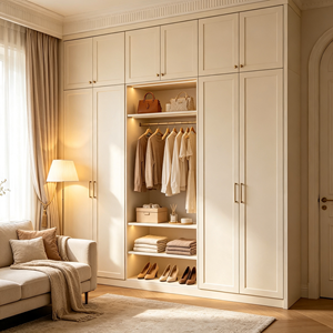 Armoire sur mesure encastrée avec portes shaker crème, <span class=keywords><strong>étagère</strong></span>s ouvertes et tiroirs <span class=keywords><strong>pour</strong></span> <span class=keywords><strong>chambre</strong></span> à coucher - Vente en gros - Product Image 1