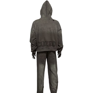 Ensemble survêtement unisexe surdimensionné personnalisé OEM avec fermeture éclair et strass, pantalon de survêtement évasé et sweat-shirt, streetwear pour hommes, ensemble de survêtement délavé à l'acide - Product Image 6
